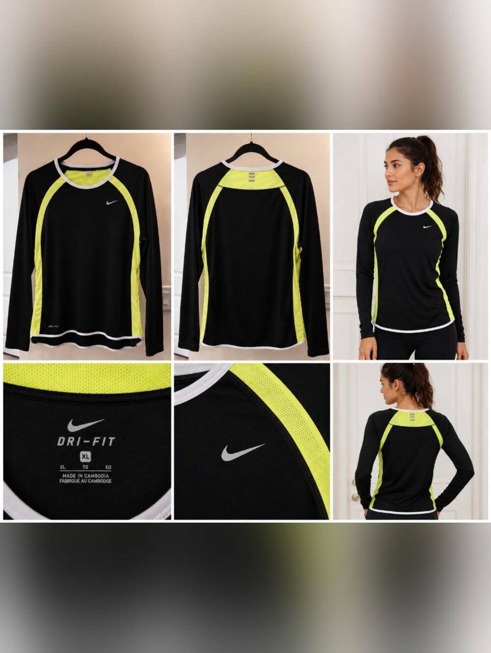 Nike Black & Neon Yellow Long Sleeve Performance Top